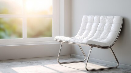 Emotional stress with diagnosis and mental support concept. Modern white chair by window in bright, stylish interior setting.