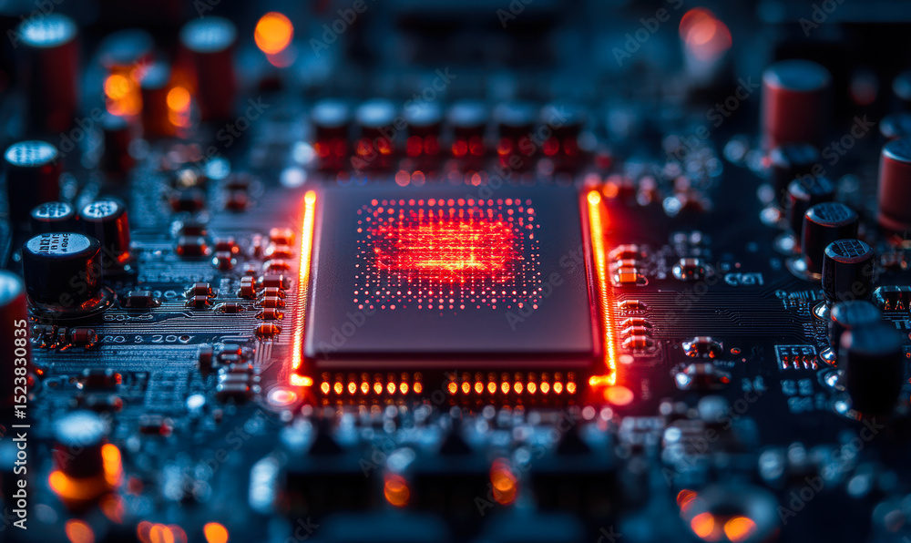 Poster close up of futuristic glowing quantum computer chip with illuminated circuits on dark motherboard t