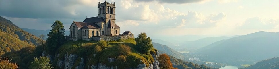 Fototapeta premium Majestic church stands strong, a citadel of faith, overlooking a peaceful landscape Its ancient stone walls whisper tales of resilience and enduring belief , photogenic, ancient, cross