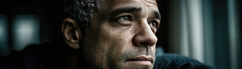 Obraz premium Fear and worry with worry and mental stress concept. A contemplative man gazing thoughtfully out a window.