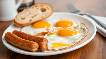 Fried eggs with sausages and bread on the white plate