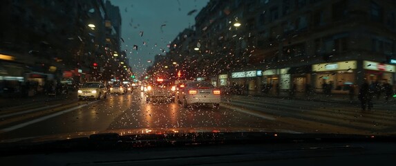 Obraz premium Rainy City Drive. An Evening Commute Through a Wet Urban Landscape, View from Inside