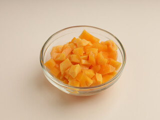 Jack fruit, peeled and cut, on white background