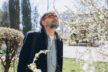 Senior man suffering from allergy symptoms near blooming tree in springtime