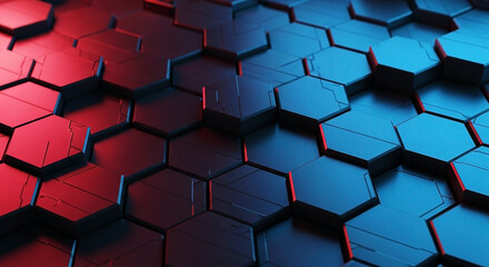 Abstract 3D hexagonal pattern background with glowing red and blue futuristic geometric shapes texture