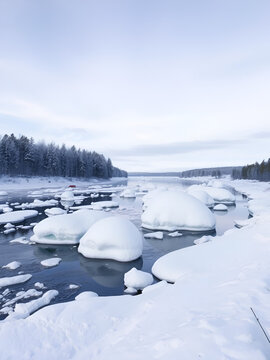 Winter landscape with ice hummocks on the river. The Ob River, Siberia