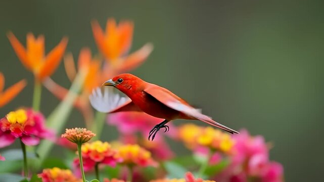 Scarlet tanager gracefully soars through floral blooms, vibrant colors of nature