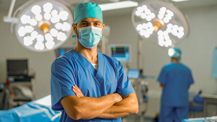 AA confident male surgeon standing with arms crossed in a modern operating room. Bright surgical lights and advanced medical equipment are visible in the background, creating a professional hospital