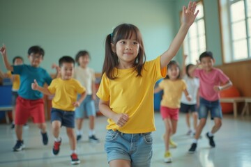 Asian primary school PE class in gym: Active children exercising with sports instructor