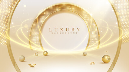 Cream luxury background with gold frame, ribbon and ball with disco light scene decoration. Vector illustration design suitable for product promotion backdrop element or award ceremony.