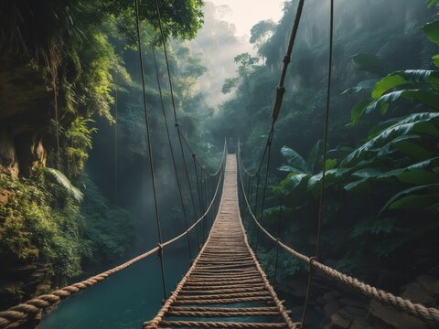 Fototapeta Suspended bridge in the Jungle, a path to a misty wonderland, natures tranquility.