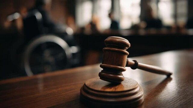 Judge's Gavel on Courtroom Bench: A close-up of a judge's gavel rests on a dark wooden bench in a courtroom, with blurred figures and a wheelchair in the background.