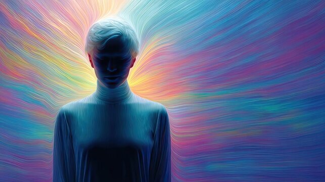 Peaceful mindset with rest, balance and self journey concept. A serene silhouette surrounded by vibrant, swirling colors.