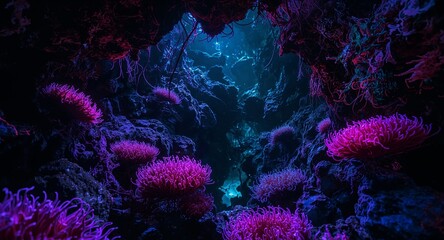 Underwater Coral Reef Scene, Vibrant Pink and Blue Colors, Dark Cave, Surreal Effect.