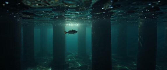 Fototapeta premium Underwater Pillars and a Lonely Fish, Sunlight Filtering Through the Water Surface.