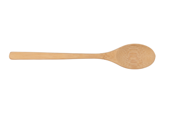 Kitchen spoon made of bamboo wood isolated on a cutout PNG transparent background