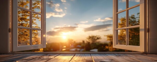 Fototapeta premium Emotional stress with diagnosis and mental support concept. A serene sunrise view through an open window, embracing nature.