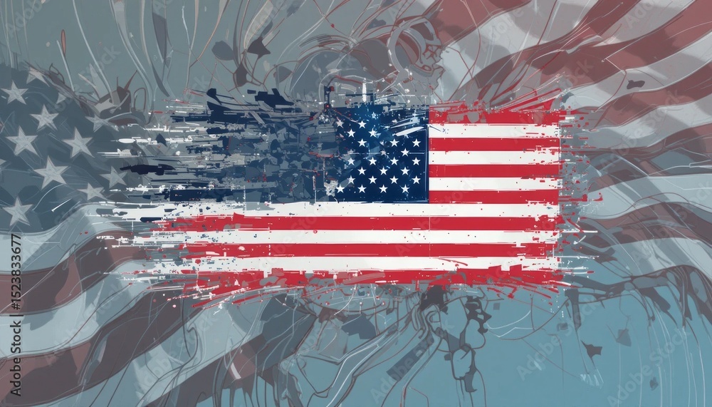 Poster abstract representation of the american flag with textured and flowing brushstroke style elements.
