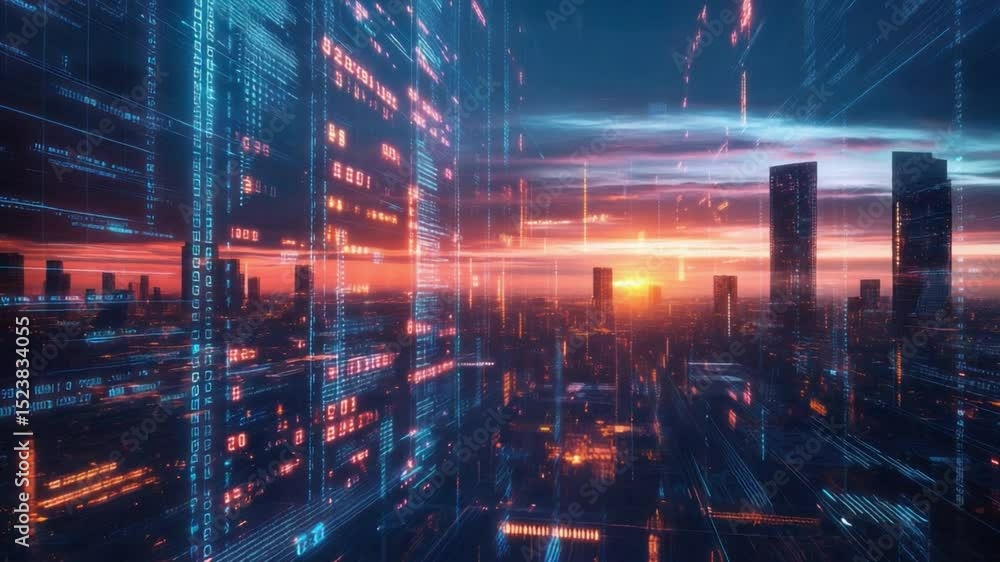 Poster digital dawn: glimpses of a futuristic metropolis, where data streams converge amidst towering build