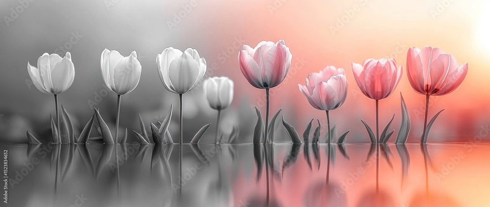 Wall mural row of white and pink tulips with soft reflections on water and a dreamy gradient background blendin