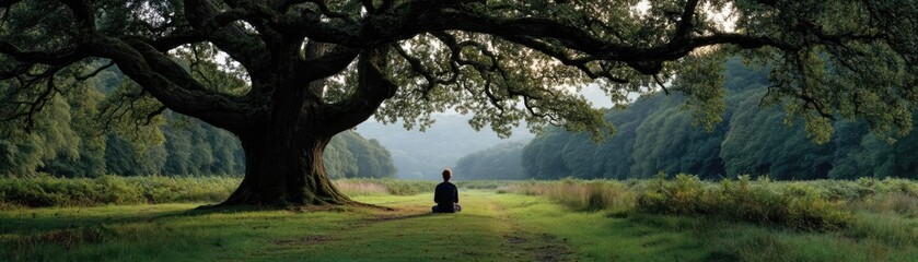 Mindful relaxation through strength, rest and serenity concept. A person meditating under a large tree in a serene landscape.