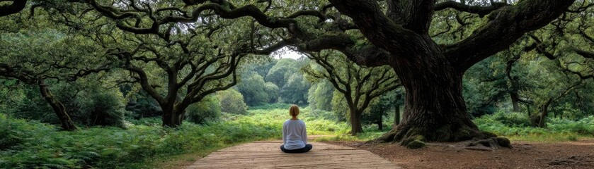 Fototapeta premium Mindful relaxation through strength, rest and serenity concept. A serene figure meditating under a lush green canopy of trees.