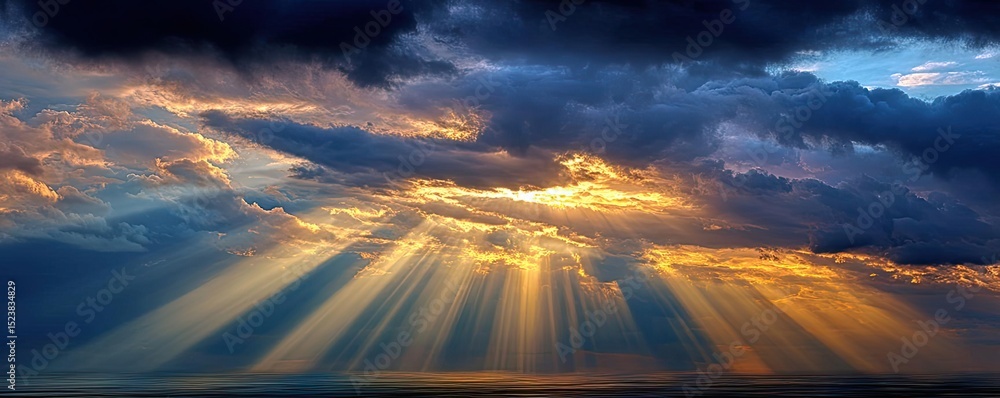 Poster calm mind state in hope and serenity through rest concept. dramatic clouds with rays of sunlight bre