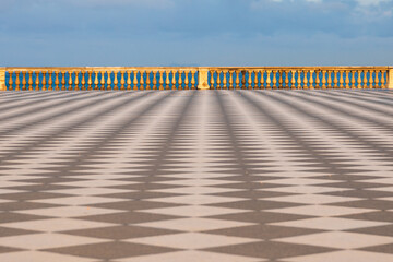 Livorno, Italy. Famous Mascagni Terrace - Terrazza Mascagni - with chess geometry pattern pavement