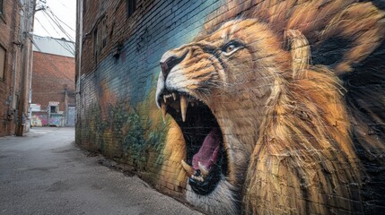 Obraz premium Roaring Lion Mural in Urban Alleyway Brick Wall Art Wildlife Street Art