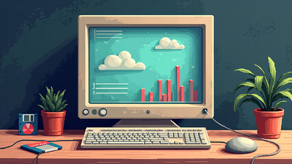 a 1990s computer-style infographic showing a pixelated browser window with loading bars, floppy disks, and simple pie charts.