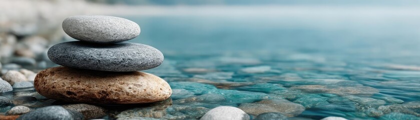 Calm mind state in hope and serenity through rest concept. A serene stack of stones by calm water, symbolizing tranquility.