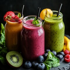 Three colorful fruit smoothies in glass bottles with fresh ingredients