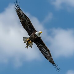 Naklejka premium Bald Eagle Flying with Fish in Talons