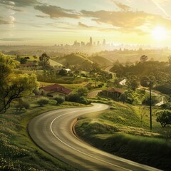 Fototapeta premium Winding road through green hills leading towards a distant city at sunset