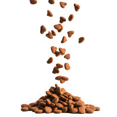 Dry pet food, animal feed, brown kibble, falling, isolated on black