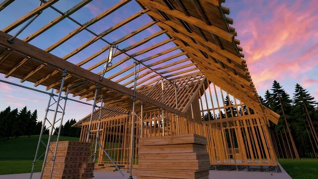 Vibrant sunset over wooden house construction in progress against scenic forest backdrop