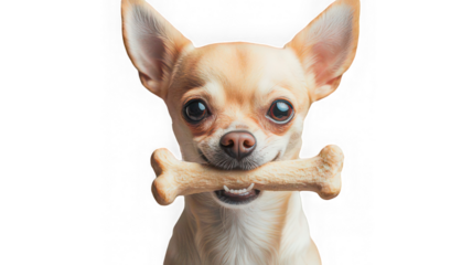 Chihuahua dog holding bone treat mouth, happy and playful