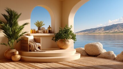 Fototapeta premium Beige patio with lake view