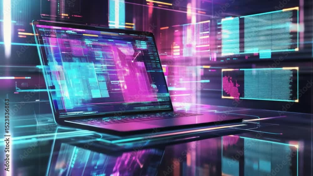 Aufkleber digital symphony: a sleek laptop glows with vibrant data streams and digital interfaces, blending te