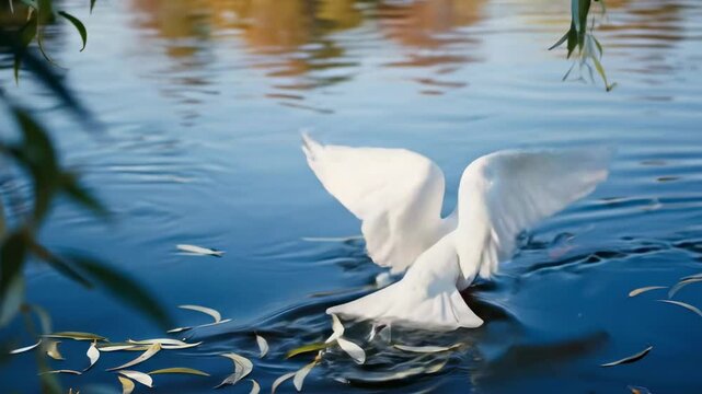 A serene white bird takes flight over a tranquil lake, framed by lush green leaves and colorful autumn reflections in the background - mourning dove in flight