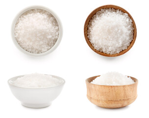 Collage of salt in bowls on white background