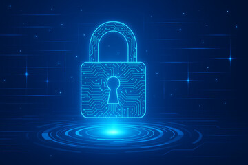 A blue digital - styled padlock on a dark blue background.