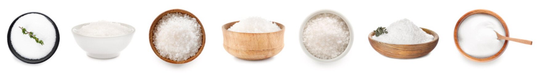Set of salt in bowls on white background