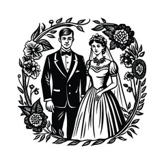 Romantic vintage wedding couple illustrations in detailed hand-drawn engraving style. Elegant black and white bride and groom artwork perfect for classical wedding invitations and timeless romantic.	