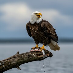 Majestic Bald Eagle with Fish Dripping Water