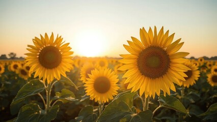 Obraz premium Golden sunflowers at sunset in a vibrant field