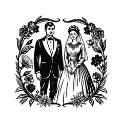 Romantic vintage wedding couple illustrations in detailed hand-drawn engraving style. Elegant black and white bride and groom artwork perfect for classical wedding invitations and timeless romantic.	