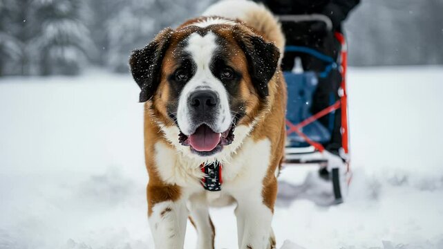 Majestic Saint Bernard Pulling Sled Through Snowy Winter Landscape, Close-up Portrait
