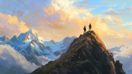 Hikers summit scenic mountain view