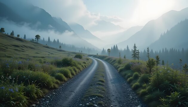 Serene Mountain Road Landscape with Mist and Meadows - Powered by Adobe